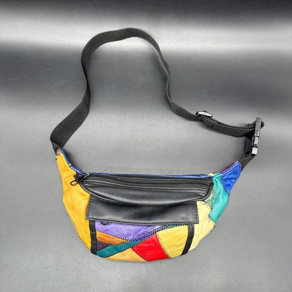 Vintage Leather Patchwork Fanny Pack Waist Bag Adjustable Strap Multi Color 90s - Picture 2 of 9